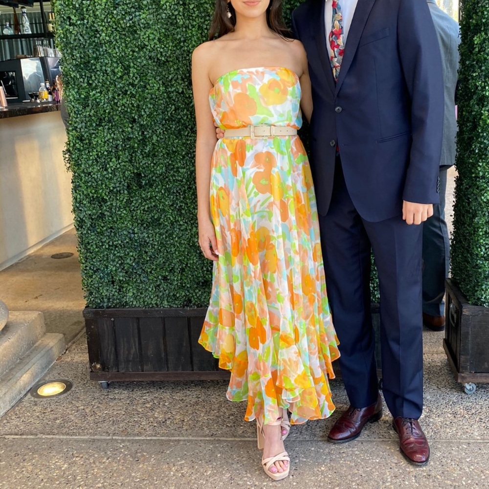 Floral Strapless Dress with Ruffled Hem